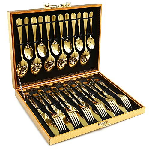 Gold Silverware Set, OGORI 24-Pieces Gold Forged...